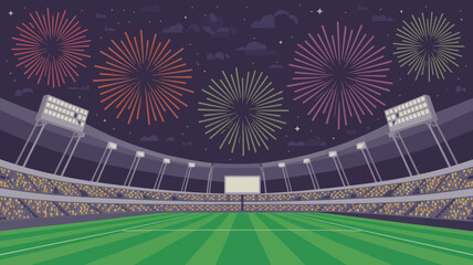 stadium night scene with fireworks vector illustration sports event celebration arena spectacle festival entertainment venue lights sky stars clouds field seats © Ultimate