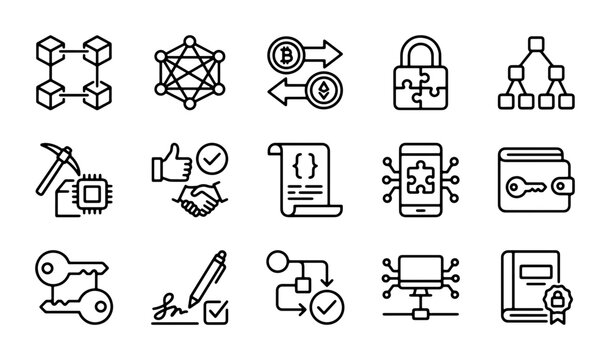 Blockchain Technology Icons, Cryptocurrency Security, Digital Ledger Network, Smart Contract Vector Set
