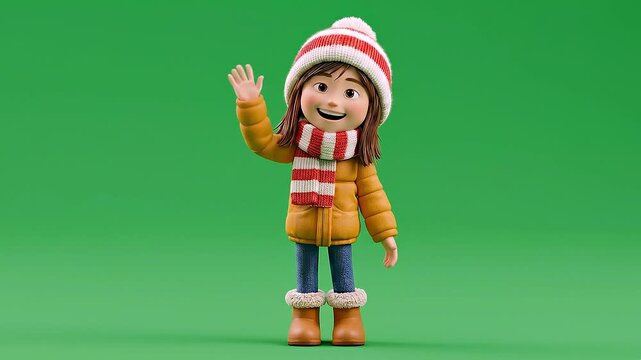 3D Animated Cute Girl in Winter Clothes Waving one hand, While smiling broadly at the camera.
