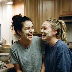 Fototapeta premium Two young women laughing with avocado face masks on, enjoying a spa day at home
