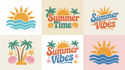 summer themed illustrations colorful sun waves palm trees shells starfish vibes time vector graphic design beach holiday seasonal pattern background travel © Ultimate