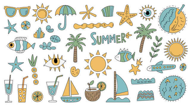summer themed scrapbook elements vector illustration sunglasses umbrella starfish palm tree fish sun boat cocktail beach vacation travel holiday tropical pattern