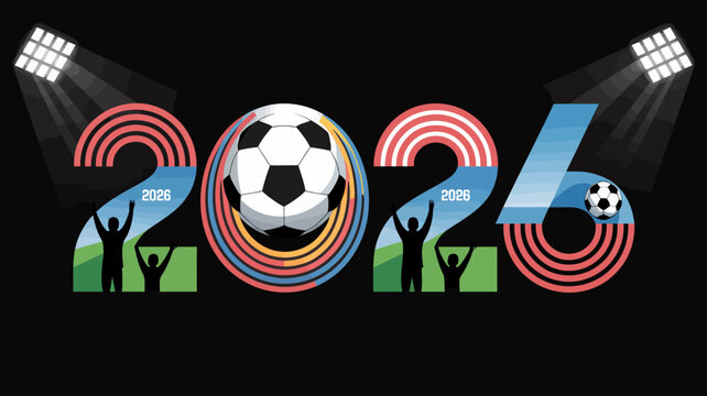 futuristic 2026 typography with soccer ball vector football art design sport graphic celebration silhouette figures spotlights black background event promotion athletic