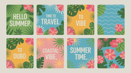 summer themed cards vector illustration travel vibe coastal dubo time hello seasonal tropical flowers leaves pattern background design graphic vacation holiday © Ultimate