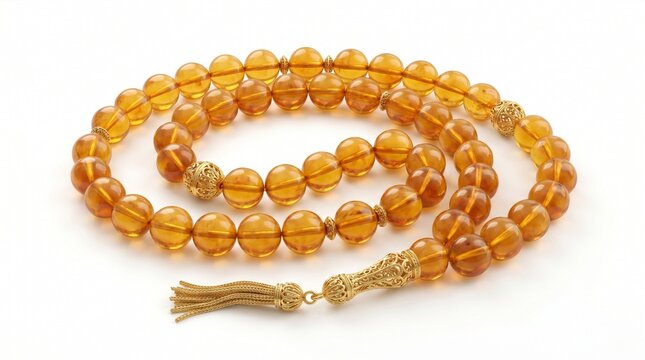 Close-up of Amber prayer beads on an abstract background with smooth flowing lines