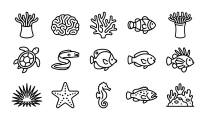 Ocean Life Icons: Sea Creatures, Coral Reefs, and Marine Animals Vector Set © Delwar