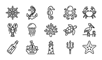 Nautical Icons Set: Marine Life, Anchors, Ships, and Lighthouses for Ocean Themes © Nafisa