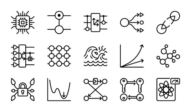AI and Machine Learning Icons Set, Neural Network and Data Flow Vector Graphics, Technology Concepts