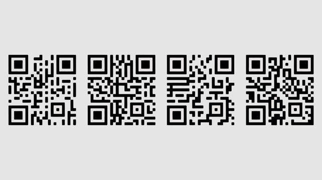four qr codes on gray background code matrix barcode scan digital data information technology communication pixelated black white pattern grid square