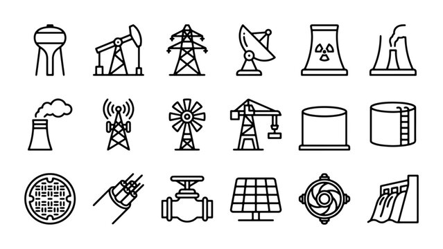 Industrial Icons Set: Energy, Power, Technology, and Infrastructure Vector Graphics
