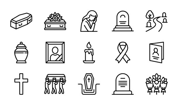 Funeral Icons Set, Grief and Mourning Symbols, Cemetery and Coffin Vector Graphics
