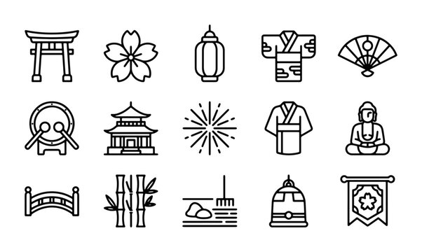 Japanese Culture Icons Set: Torii Gate, Sakura, Lantern, Kimono, Fan, Drum, Pagoda, Fireworks, Buddha