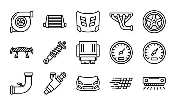 Automotive Performance Parts Icons Set: Turbo, Intercooler, Hood, Exhaust, Wheel, Spoiler, Shock Absorber, ECU, Gauges, Injector, Car Front, Cooling System