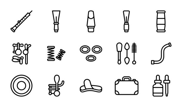 Musical Instrument Repair Kit Icons, Wind Instrument Parts, Maintenance Tools, Vector Set