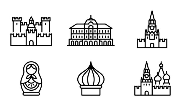 Russian Landmark Icons, Kremlin & Matryoshka Doll Vector Set, Moscow Architecture Symbols