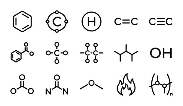 Chemical Formula Icons, Organic Chemistry Molecular Structures, Science Education Vector Graphics