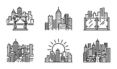 Naklejka premium Modern Cityscape Icons, Urban Skyline Graphics, Downtown Buildings Collection, Vector Art