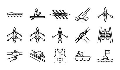 Rowing Icons Set, Water Sport Vector Graphics, Aquatic Activity Symbols, Rowing Boat Equipment © MdArafat