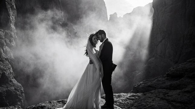 Luxury Elopement Wedding Couple Surrounded by Mist and Mountain Scenery