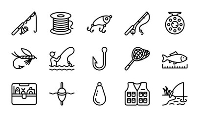 Fishing Icons Set, Vector Line Art, Angling Equipment Graphics, Outdoor Hobby Symbols © MdArafat