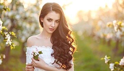 Naklejka premium Woman blossoms sunshine