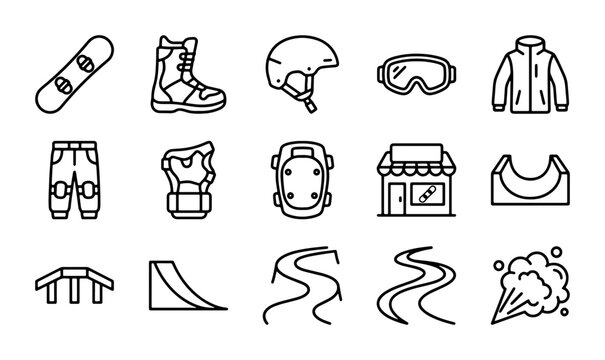 Winter Sports Icons: Snowboard, Ski Gear, Park Elements, and Action Graphics