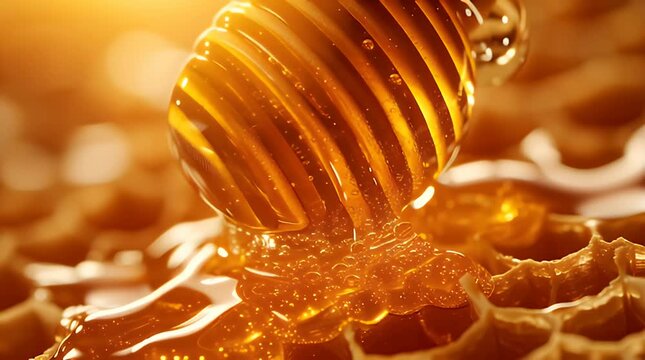 Close up of a wooden honey dipper dripping golden honey onto a fresh honeycomb.