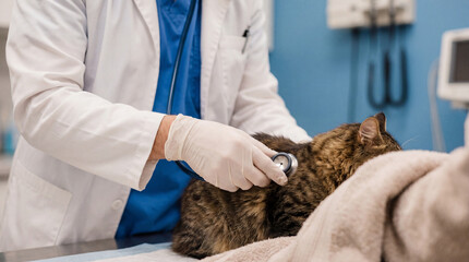 Veterinarian Examines Cat With Stethoscope In Clinic © Lan