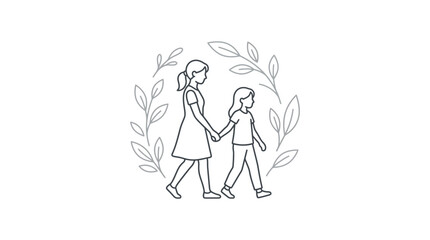 Obraz premium Mother and Daughter Holding Hands Walking Together in Nature Line Art