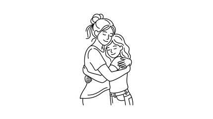 Obraz premium Mother and Daughter Hugging - Line Art Illustration