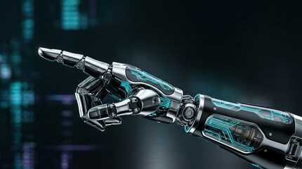 Fototapeta premium Detailed robotic hand with glowing blue circuits points forward against a dark, digital background, representing technology and artificial intelligence.