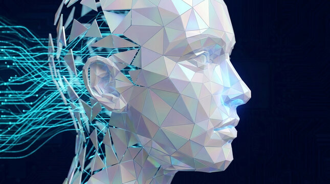 Abstract geometric head dissolving into digital data streams, symbolizing artificial intelligence, digital transformation, and data science