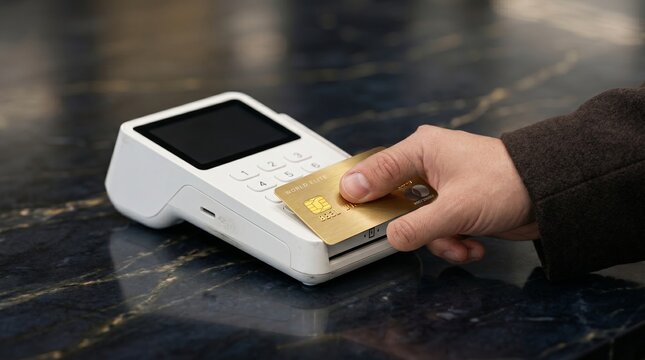 Closeup of a person paying with a gold credit card on a modern payment terminal on a dark marble surface