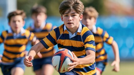 Obraz premium Youth rugby player running with the ball during a competitive match.