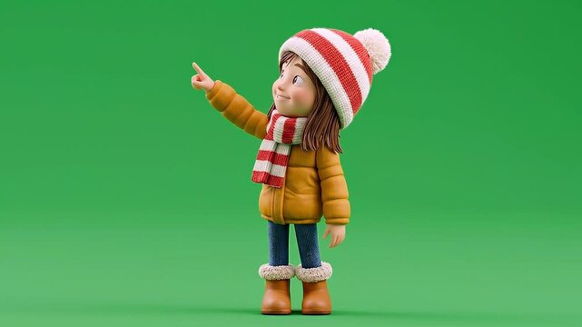 3D Animated Cute Girl in Winter Clothing Pointing to Top Left Corner, Green Screen, Call-to-Action.