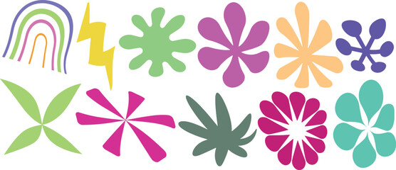 Obraz premium Colorful Abstract Decorative Shapes | Retro Floral Patterns, Rainbow Arc, Lightning Bolt and Playful Icons Transparent Background for Creative Graphic Design Projects