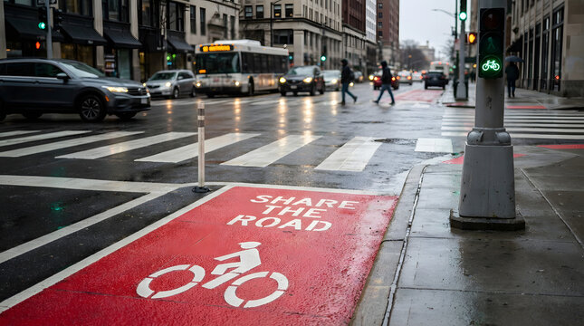 Urban Bicycle Lane Intersection with Pedestrians and Traffic on a Rainy Day. Generative AI image