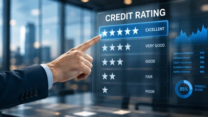 Fototapeta premium Business hand touching excellent credit rating stars on digital screen.
