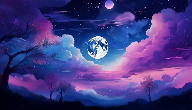 a gorgeous night sky shines with a full moon and puffy clouds in the pretty shades of blue purple and black