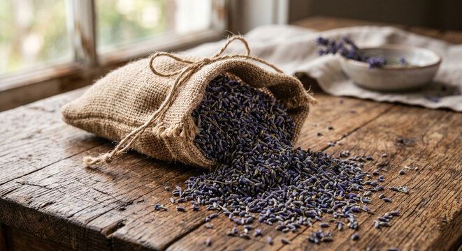 Dried purple culinary lavender buds overflowing from burlap sack on wooden table
