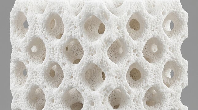 Close-up view of a white porous object with many holes and a rough texture on a gray background