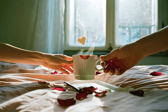 Romantic Coffee Mug Exchange on Bed with Floating Heart Sugar