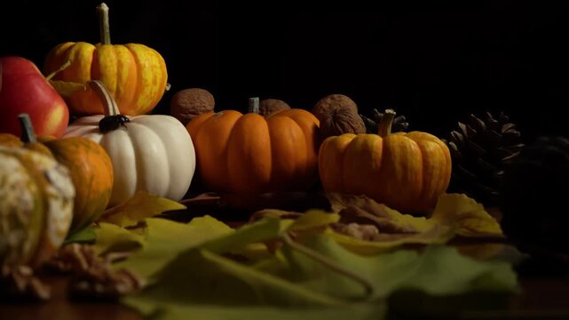 Harvest themed fall decoration presentation. Seasonal pumpkin arrangement with rustic background elements. Fall themed display including pumpkins and natural wood background for seasonal ambiance