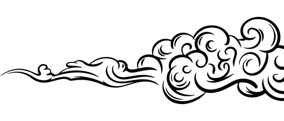 Fototapeta premium Minimalist oriental cloud vector illustration in traditional asian style. Bold black line art of decorative swirling wind and smoke waves isolated on a white background.