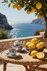 Obraz premium Tea set with lemons on rattan table, sea view terrace. Fresh fruit near blue ocean on sunny day. Mediterranean breakfast, idyllic vacation scene.