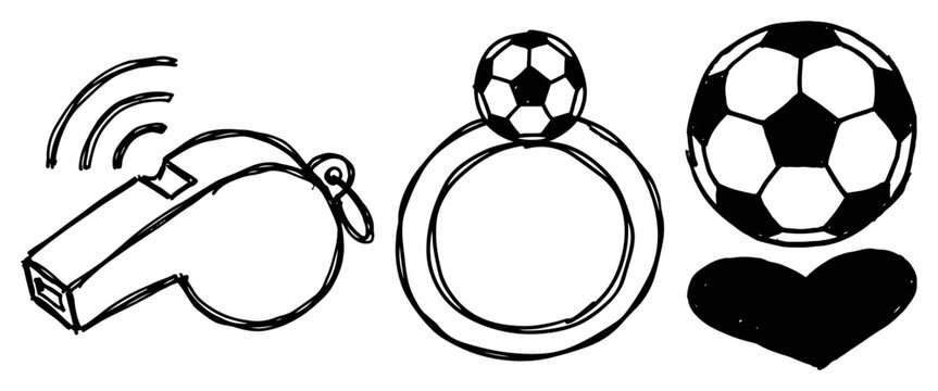 Sports fan set featuring whistle soccer ball ring and heart in hand drawn doodle style