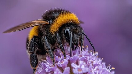 Close-up macro shot of a fuzzy bumblebee collecting nectar from a vibrant purple flower in soft natural light. © Yuli
