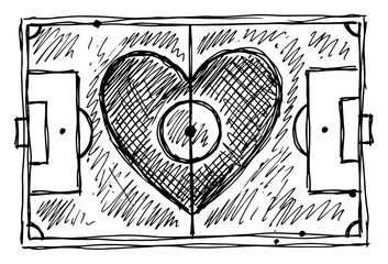 Soccer field with heart shape in center circle in hand drawn sketch style © AnjaliDesai