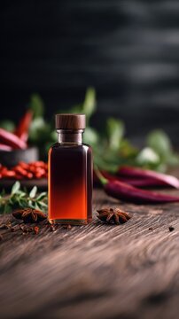 A warm amber bottle sits on a rustic wooden surface, surrounded by fresh herbs and spices