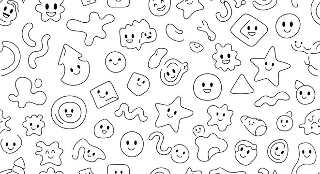 Whimsical black and white pattern of playful shapes and smiling faces